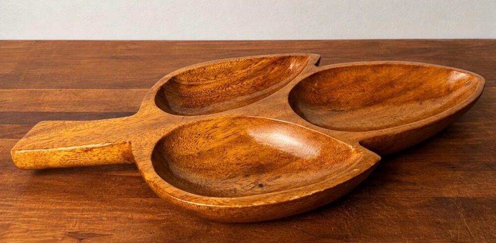Vintage Carved Wood Leaf Serving Tray, 3-Compartment MCM Tiki Snack Dish